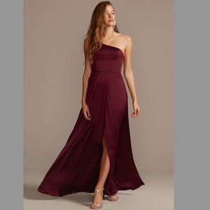 David's Bridal crepe-back satin one-shoulder bridesmaid dress